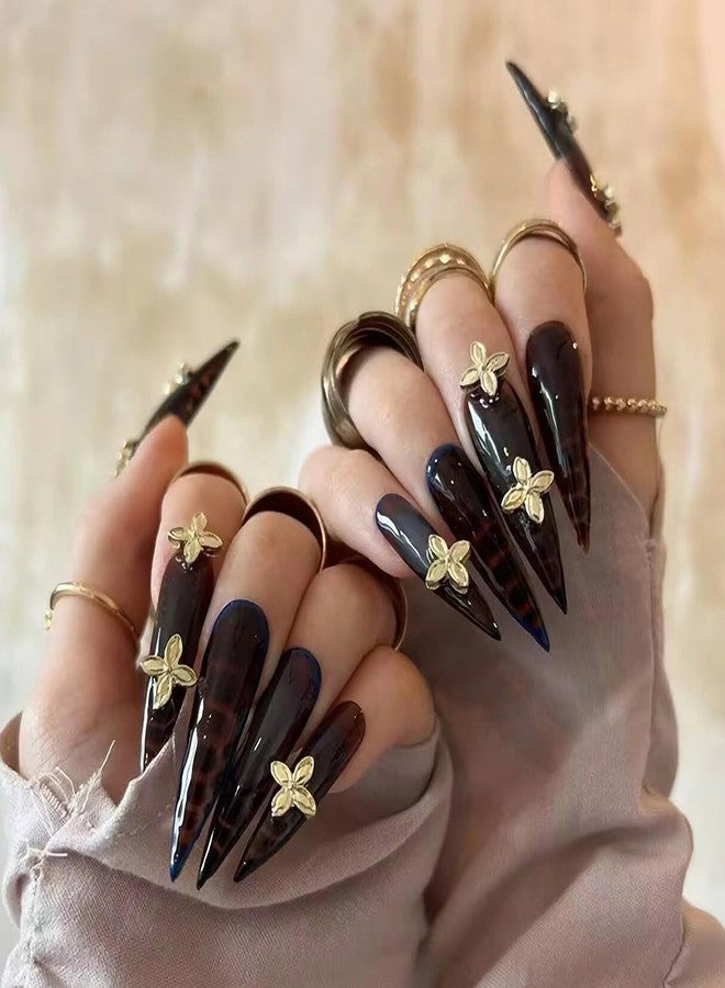 MISUD Press on Nails - Long Stiletto Fake Nails with Brown Tortoise, Acrylic Gold Charms Design 24 pcs - Image 2